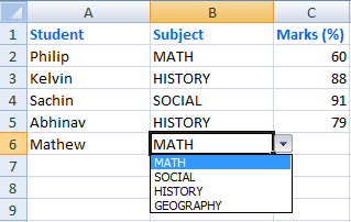 Dropown list in Excel