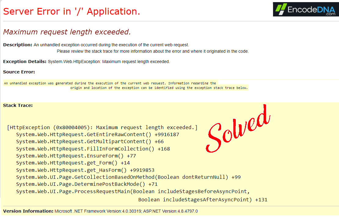 rror - Maximum request length exceeded - Solved