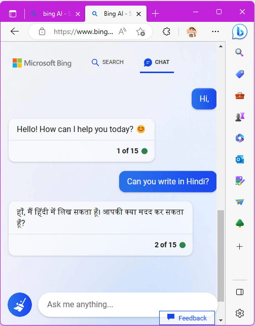 bingchat can respond in hindi