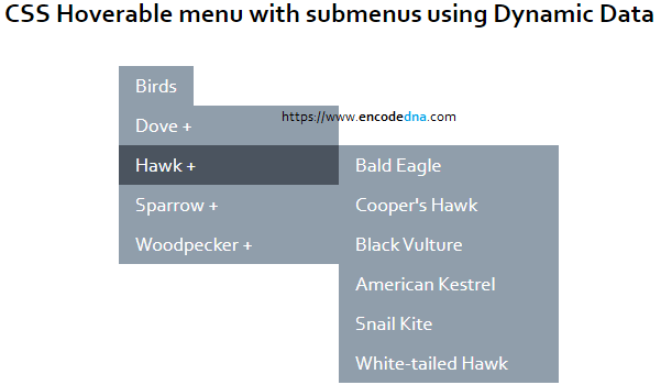 css hoverable dropdown menu and submenus using json data and jquery