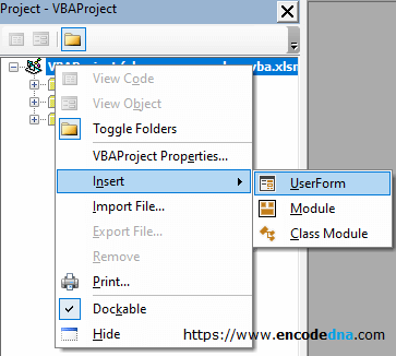 insert userform in vba editor