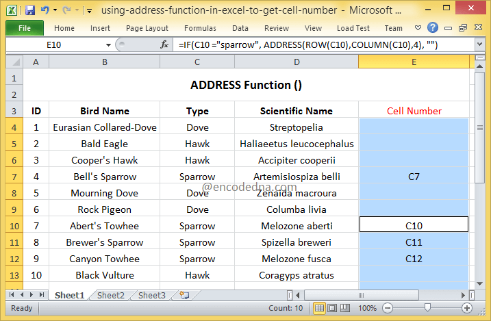 Using ADDRESS function in Excel to get cell numbers of specific text