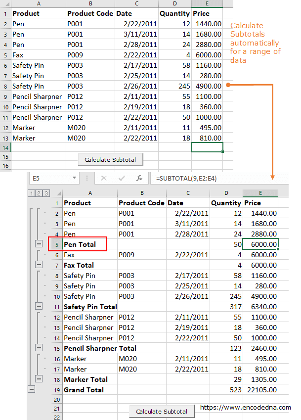 Calculate subtotals for a range of data in Excel using VBA