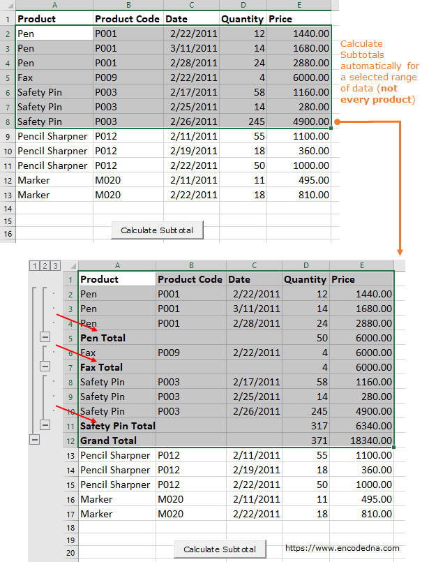 Calculate subtotals for selected range in Excel using VBA