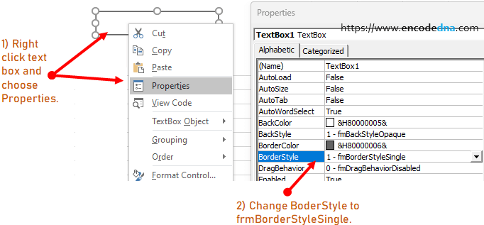 change textbox properties in excel