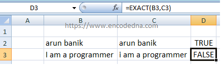 Compare two text strings in Excel using EXACT function