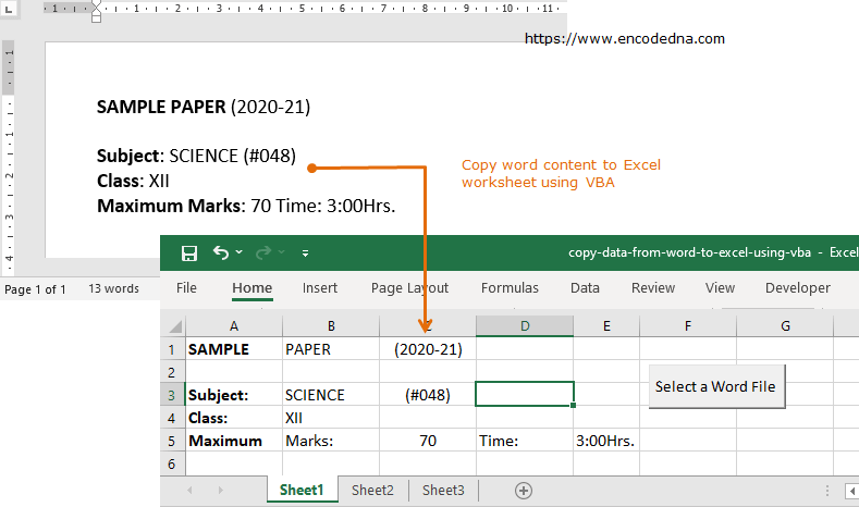Copy content from work fild to Excel worksheet using VBA