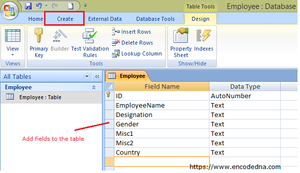 Create a Table in Ms-Access