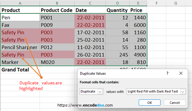 Duplicates Highlighted in Excel Sheet