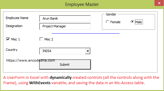 Dynamically create controls in Excel UserForms and Save data in a DataBase