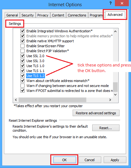 Enable TLS and SSL Protocols in IE