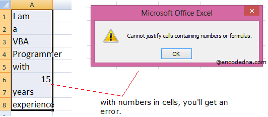 Excel Justify and Merge Error with Numbers