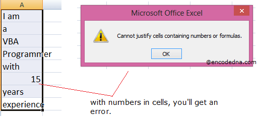 Excel Justify and Merge Error with Numbers