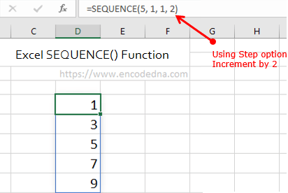 sequence function in excel with step option