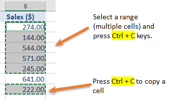 excel shortcut keys to copy a range