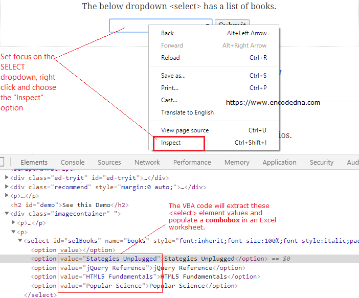 File an Excel ComboxBox with values extracted from a Select dropdownlist using VBA