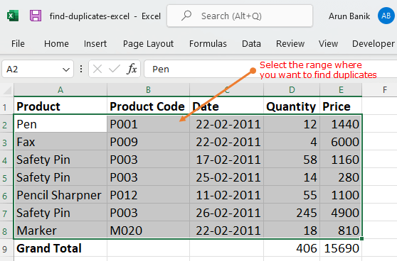 Select a Range to find duplicate values in Excel