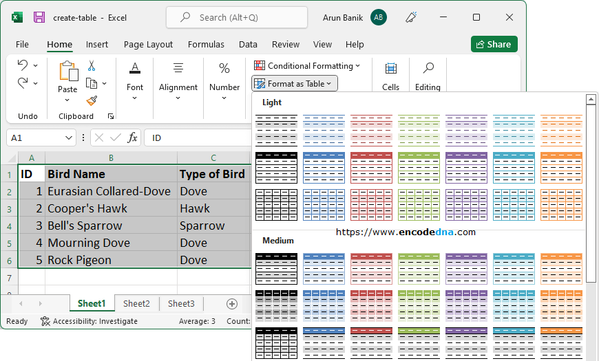 Format a table option in Excel