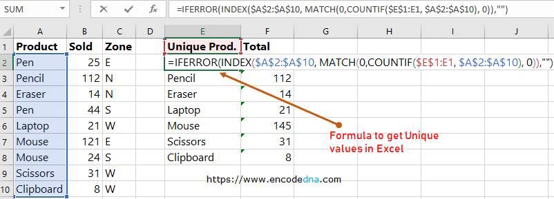 formula to get unique values in excel