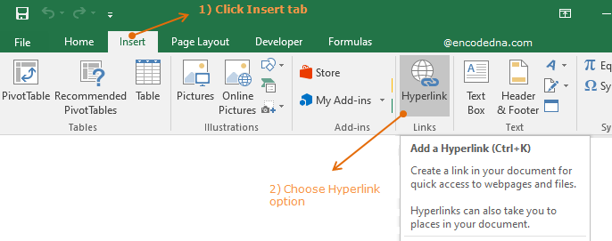 Insert hyperlink in Excel