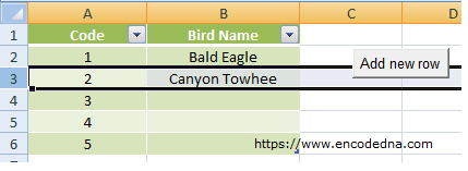 Insert new row on command button click in Excel