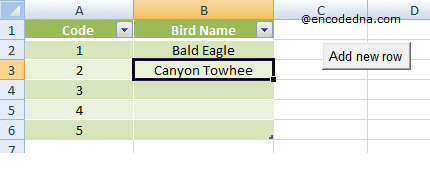 Insert or add a new row automatically on button in Excel