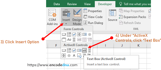 insert textbox control in excel worksheet