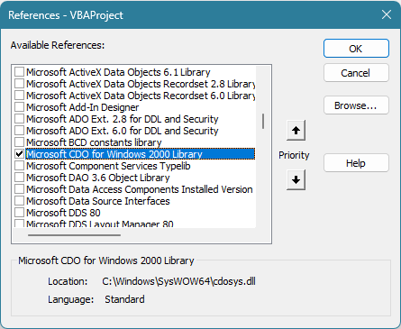 microsoft cdo library in vba