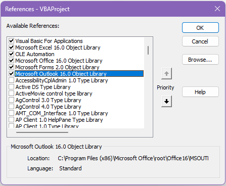 Microsoft Outlook Object library reference