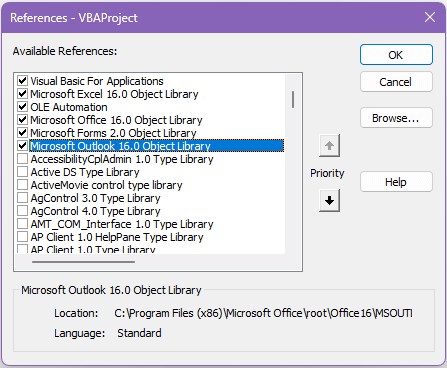 excel vba microsoft outlook 16.0 object library