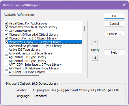 Microsoft Outlook 16.0 object library reference