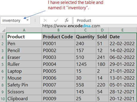 a named range example in excel