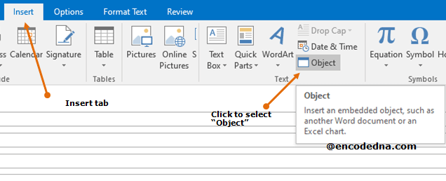 Object option inside Insert tab in Ms-Outlook