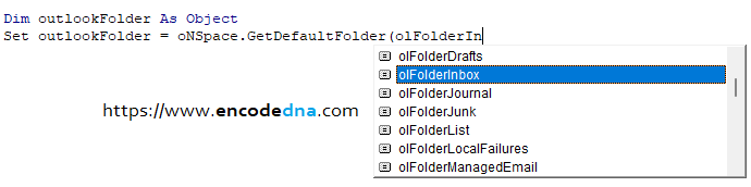 Outlook folder objects VBA