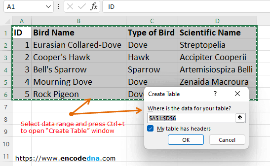 Select a range of data in Excel using Ctrl+t