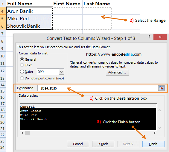 set destination in text to columns wizard in Excel