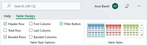 Table design tab in Excel