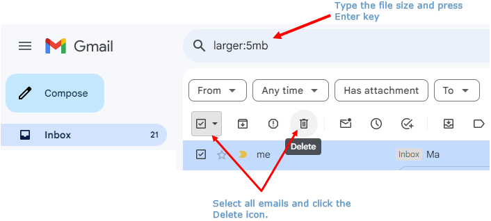 clear space in gmail using filter