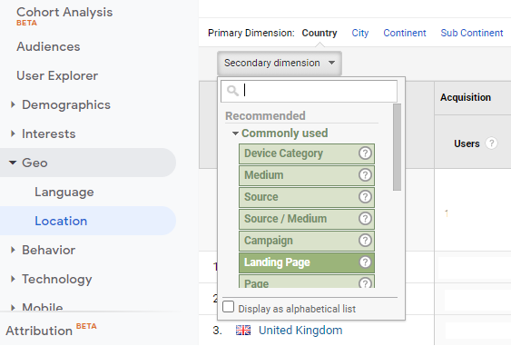 Landing page report in Google Analytics