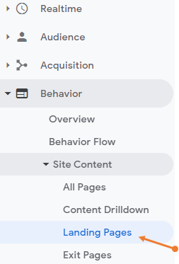 Landing pages report under site content in Google Analytics