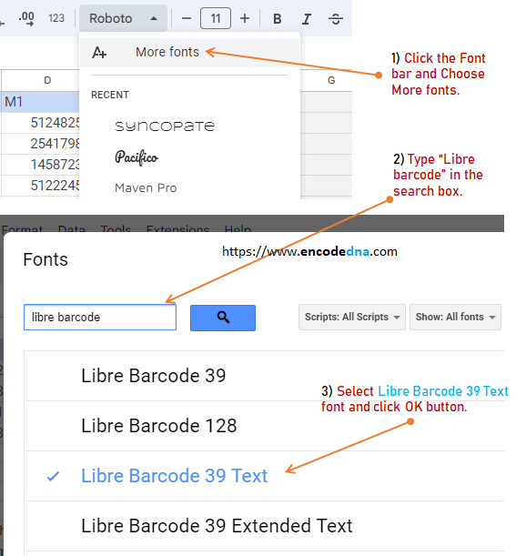 select libre barcode 39 text font in google spreadsheet