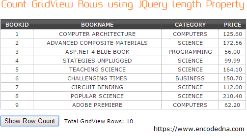 Count GridView rows using jQuery length