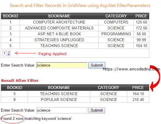 Search records in GridView using FilterParameters