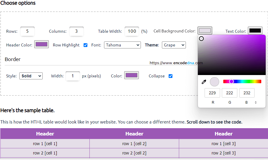 html table generator cell background color