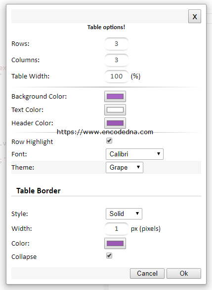 Table options for the HTML table code using our JS-Editor