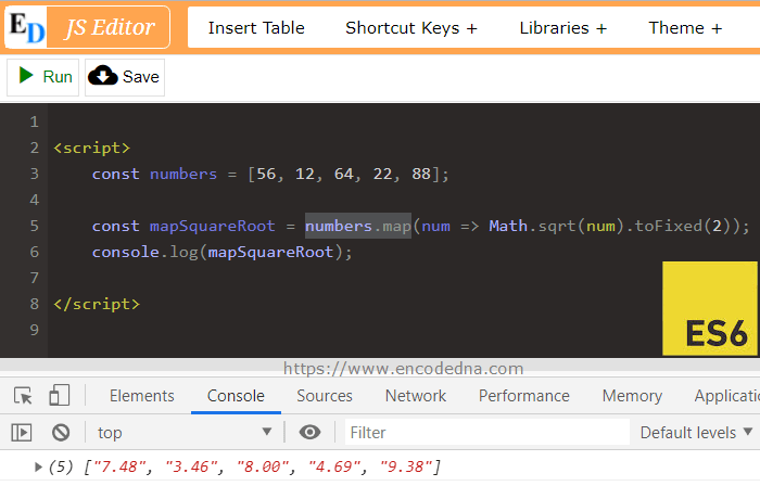 ES6 function Example to Get the SquareRoot of values in an Array