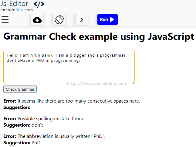 grammar check example using javascript
