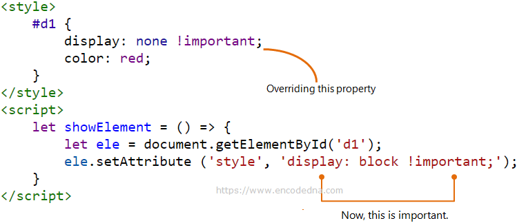 Overriding !important style property using JavaScript