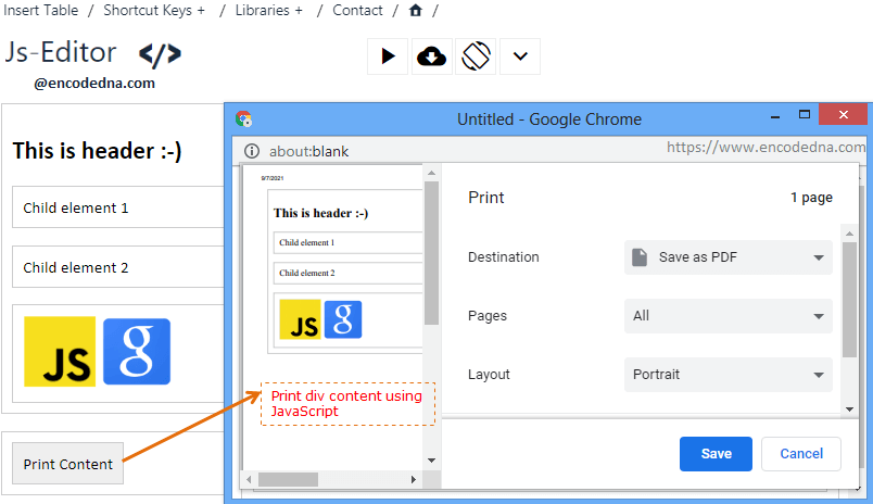 Print DIV content with images using JavaScript