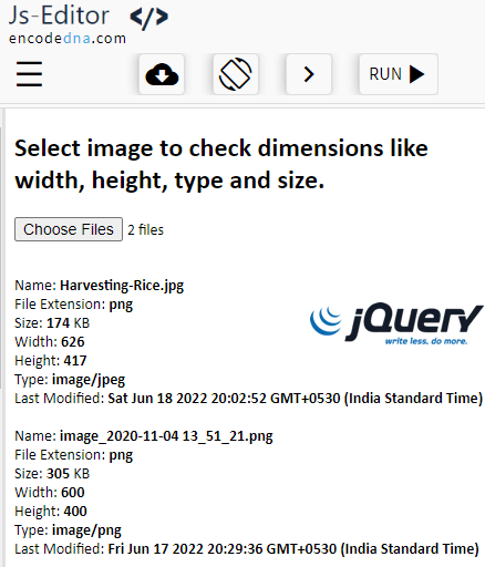 check image dimensions like width, height, size and type using jquery